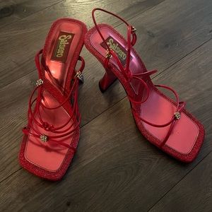 Sparkly red strappy Y2K square toe block wide heels
